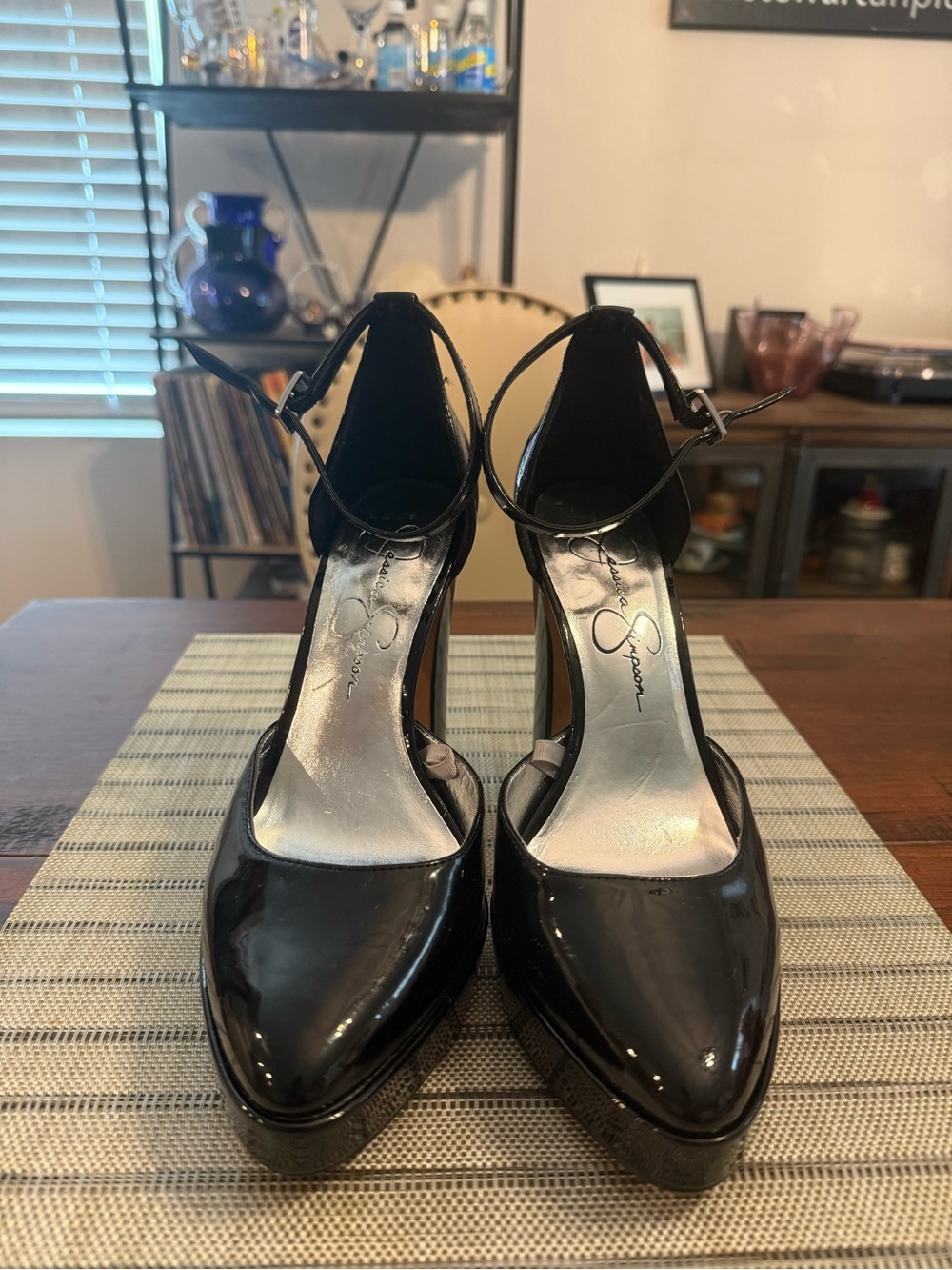 Jessica Simpson Black Patent Pointed-Toe Ankle-Strap Heels